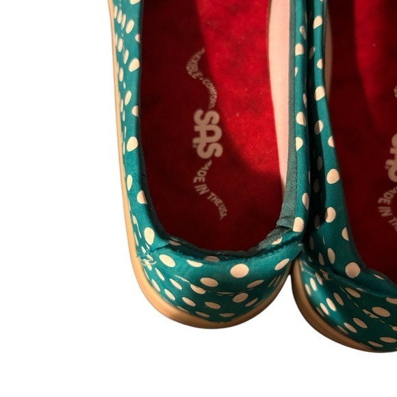 SAS Funk Tech Leather Slip On Tri Pad Comfort Shoe Sz 9M Aqua White Polka Dot - Picture 5 of 7